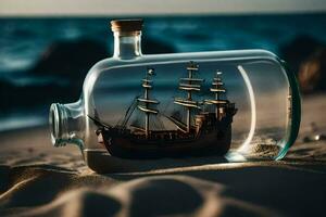 a ship in a bottle on the beach. AI-Generated photo