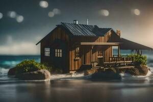 a small house on a rock in the ocean. AI-Generated photo