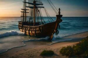 a pirate ship on the beach at sunset. AI-Generated photo