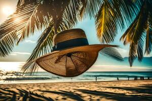 a hat hanging from a palm tree on a beach. AI-Generated photo