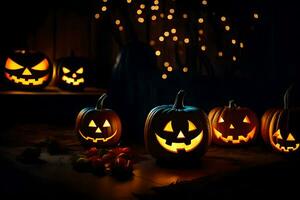 halloween pumpkins with faces carved into them. AI-Generated photo