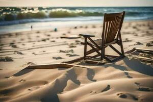 un silla se sienta en el playa con arena y agua. generado por ai foto