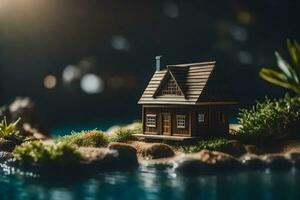 a miniature house on a small island in the water. AI-Generated photo