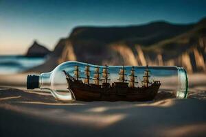 a ship in a bottle on the beach. AI-Generated photo