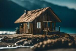 un pequeño de madera casa en el playa. generado por ai foto