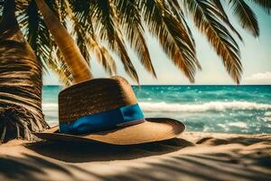 a hat sits on the sand near a palm tree. AI-Generated photo