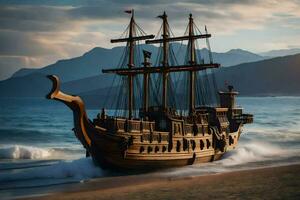 a pirate ship is on the beach near the ocean. AI-Generated photo