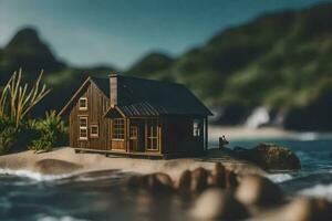 a miniature house on a small island in the ocean. AI-Generated photo