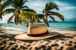 a hat sits on the sand near palm trees. AI-Generated photo