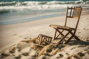 un silla y un Cubeta en el playa. generado por ai foto