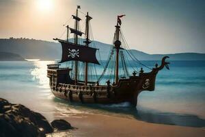 a pirate ship is on the beach near the ocean. AI-Generated photo