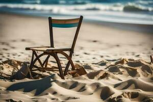 a wooden chair sits on the sand in front of the ocean. AI-Generated photo