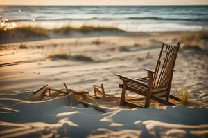 a chair sits on the sand at sunset. AI-Generated photo