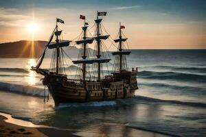 a pirate ship is on the beach at sunset. AI-Generated photo