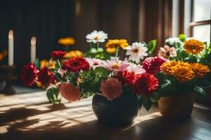 flowers in vases on a table in front of a window. AI-Generated photo