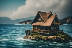 a miniature house on an island in the ocean. AI-Generated photo