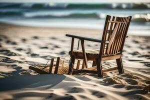 un de madera silla se sienta en el playa cerca el océano. generado por ai foto