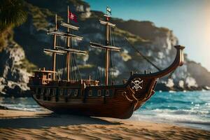 a pirate ship on the beach near the ocean. AI-Generated photo