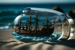 a ship in a bottle on the beach. AI-Generated photo