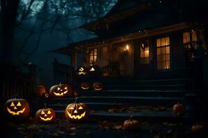 Víspera de Todos los Santos calabazas en el pasos de un casa. generado por ai foto