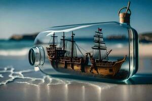 ship in a bottle on the beach. AI-Generated photo