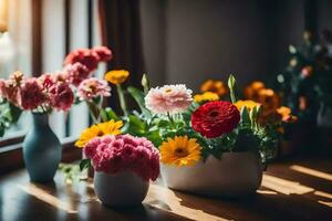 flores en floreros en un mesa. generado por ai foto