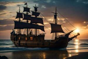 a pirate ship is sailing on the ocean at sunset. AI-Generated photo