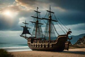 a pirate ship on the beach. AI-Generated photo
