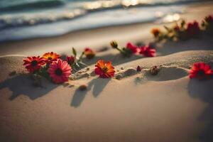 flores en el playa a puesta de sol. generado por ai foto