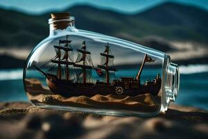 a ship in a bottle on the beach. AI-Generated photo