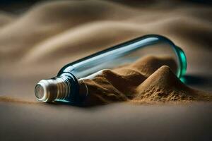 a bottle of sand is sitting on a sand dune. AI-Generated photo