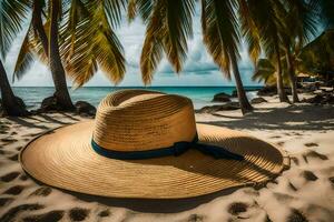 a hat sits on the sand near palm trees. AI-Generated photo