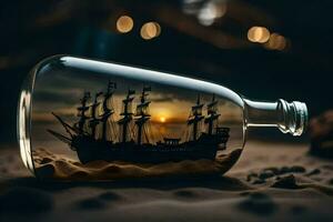 a ship in a bottle with a sunset in the background. AI-Generated photo