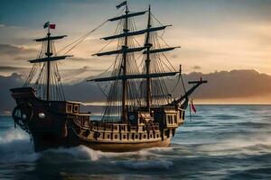 a wooden sailing ship in the ocean at sunset. AI-Generated photo