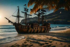 a pirate ship on the beach at sunset. AI-Generated photo