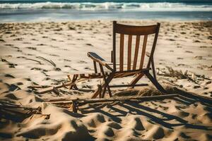 un de madera silla se sienta en el arena a el playa. generado por ai foto