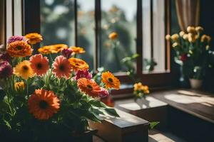 flowers in a vase on a windowsill. AI-Generated photo