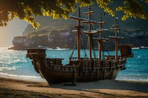 a pirate ship on the beach. AI-Generated photo