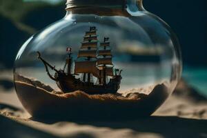 un miniatura Embarcacion en un vaso botella en el playa. generado por ai foto