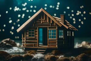 a small wooden house in the middle of the ocean. AI-Generated photo