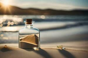 message in a bottle on the beach. AI-Generated photo