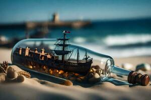 ship in a bottle on the beach. AI-Generated photo