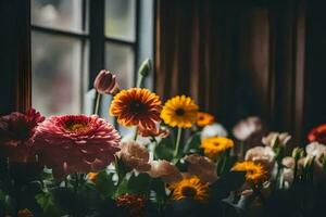 flowers in a window sill. AI-Generated photo