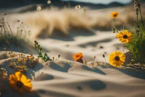 the desert flowers are blooming in the sand. AI-Generated photo