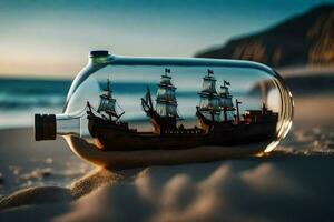 ship in a bottle on the beach. AI-Generated photo