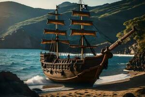 a pirate ship on the beach. AI-Generated photo