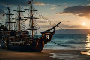 a pirate ship on the beach at sunset. AI-Generated photo