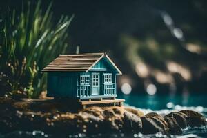 a miniature house on a rock by the water. AI-Generated photo