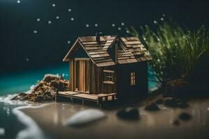 un miniatura casa en el playa a noche. generado por ai foto