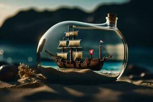 a ship in a bottle on the beach. AI-Generated photo